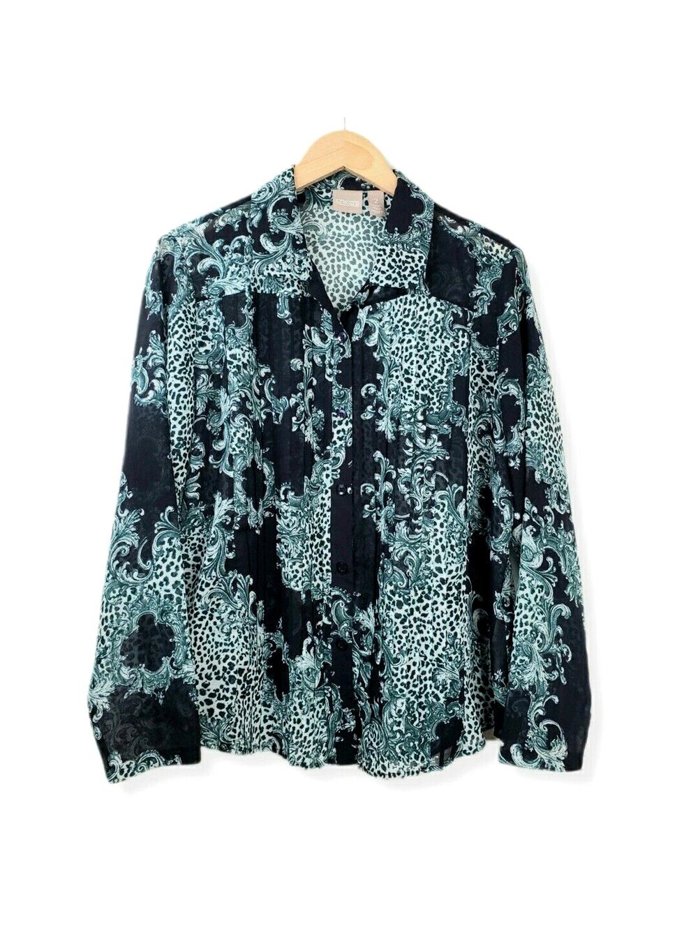 Women Chicos Button Blouse Top 2 L Semi Sheer Black Teal Green Paisley Career